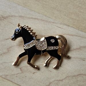 Horse Brooch Pin Black Enamel Crystals Rhinestones Gold Equestrian Show Pony